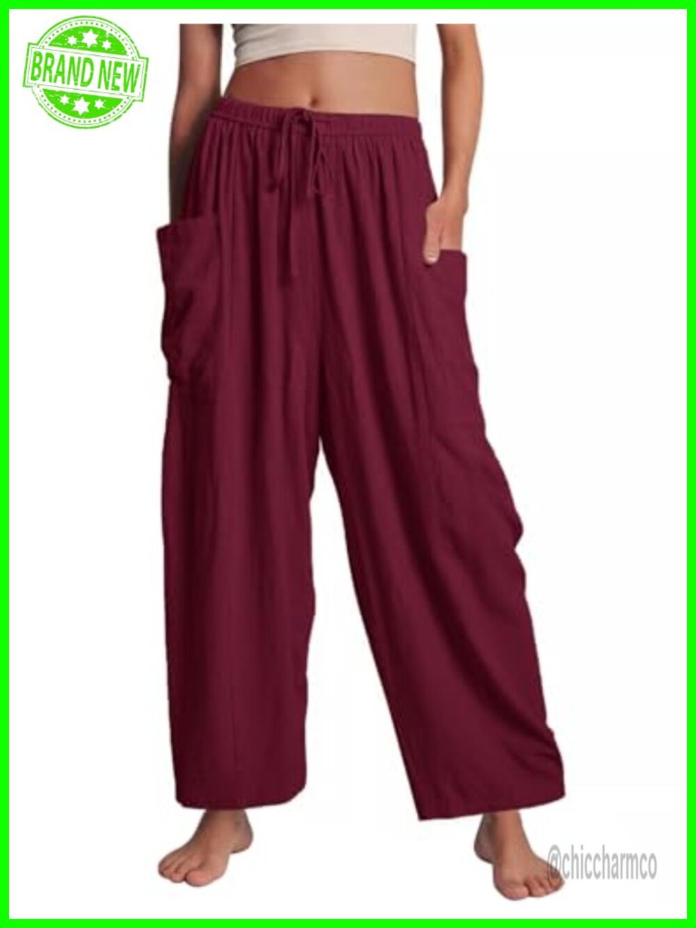 Flygo Women's Flowy Drawstring Wide Leg Palazzo Pants Side Pockets